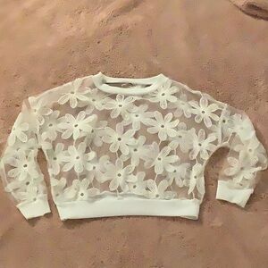 Cropped sheer white floral embroidered top.